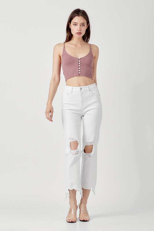 Kvinders Høj Talje Straight Crop Jeans Denim Hvide Bukser