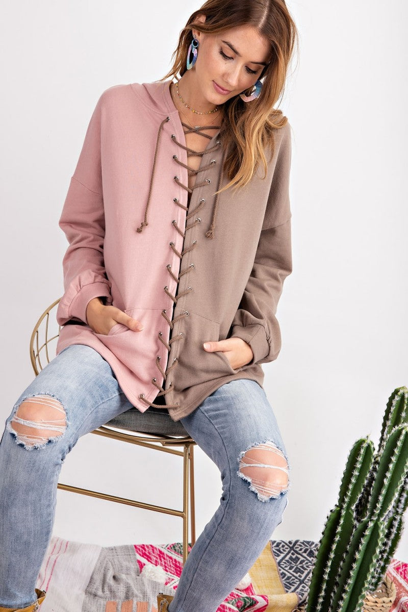 Kvinders Hoodie Farveblok Terry Strik Mocha