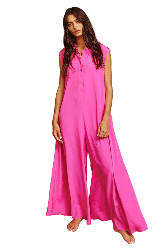 Kvinders Jumpsuit i Satin med Bred Ben i Fuchsia