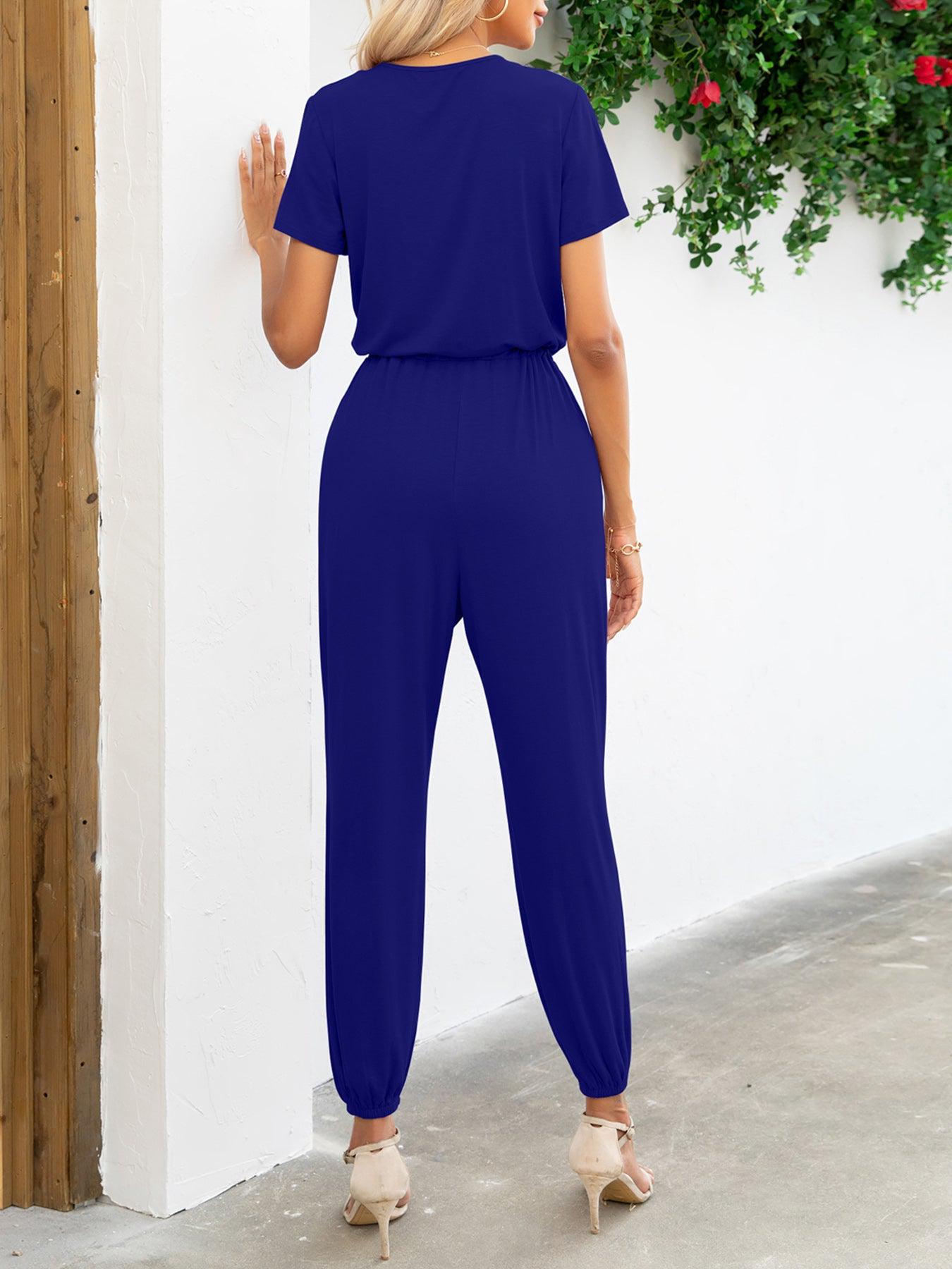Kvinders Jumpsuit med Korte Ærmer V-Hals og Lommer
