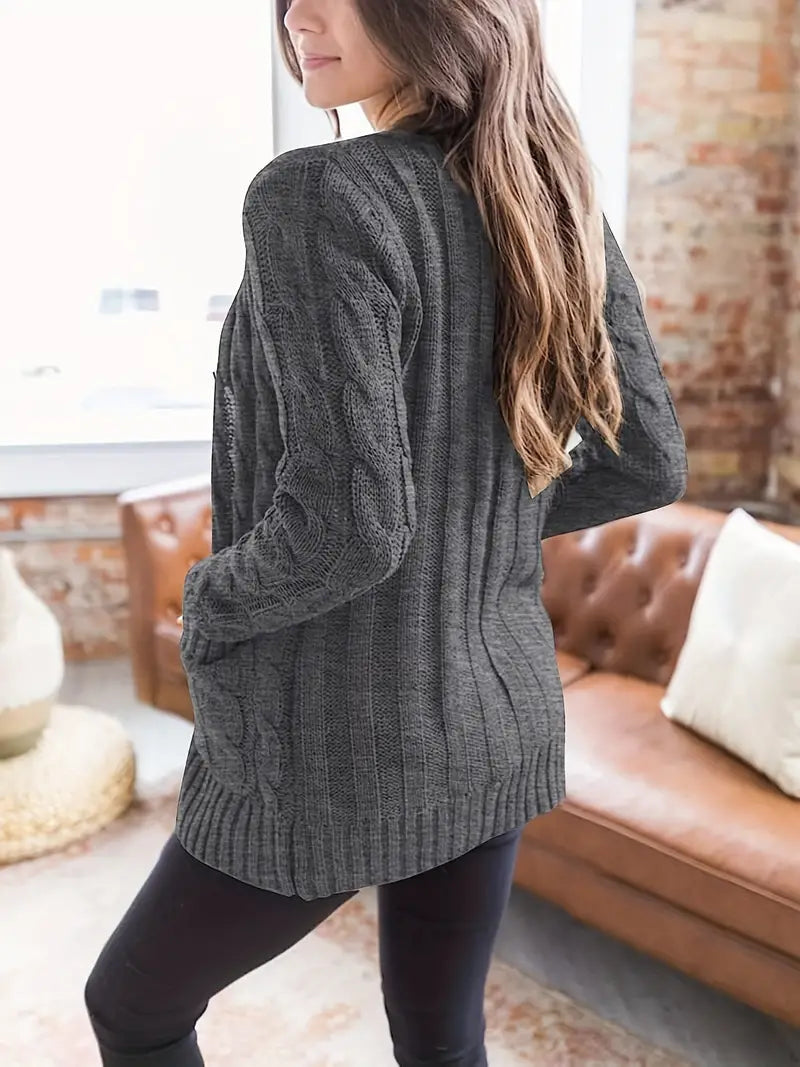 Kvinders Kabelstrikket Trøje Afslappet Stil Long Sleeve
