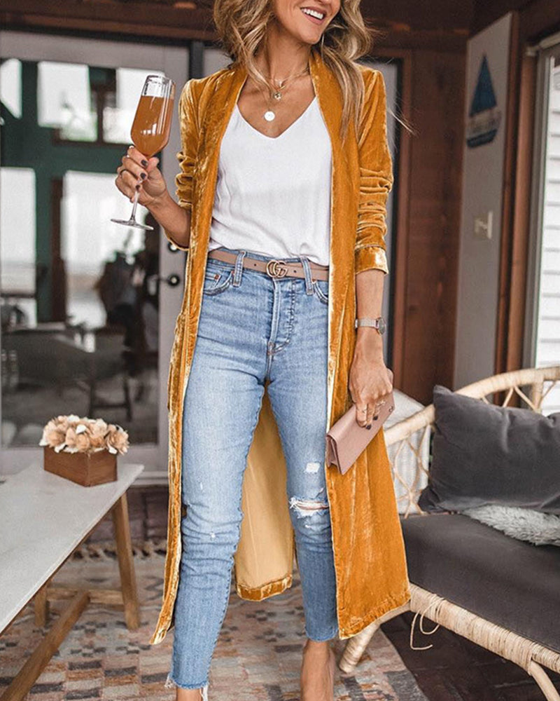 Kvinders Lang Duster Cardigan i Fløjl