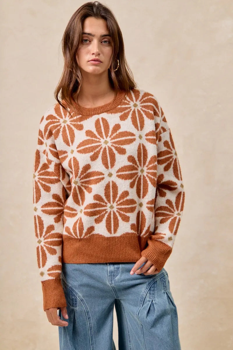 Kvinders Langærmet Sweater V-Hals Akrylmix Blomster Mønster