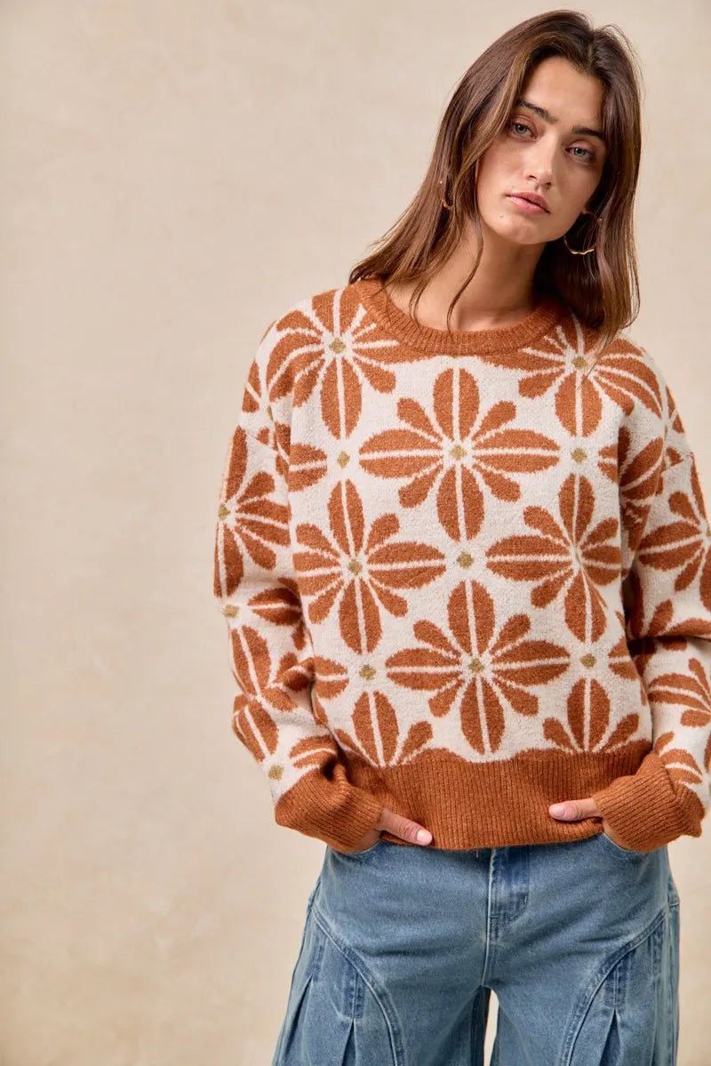 Kvinders Langærmet Sweater V-Hals Akrylmix Blomster Mønster