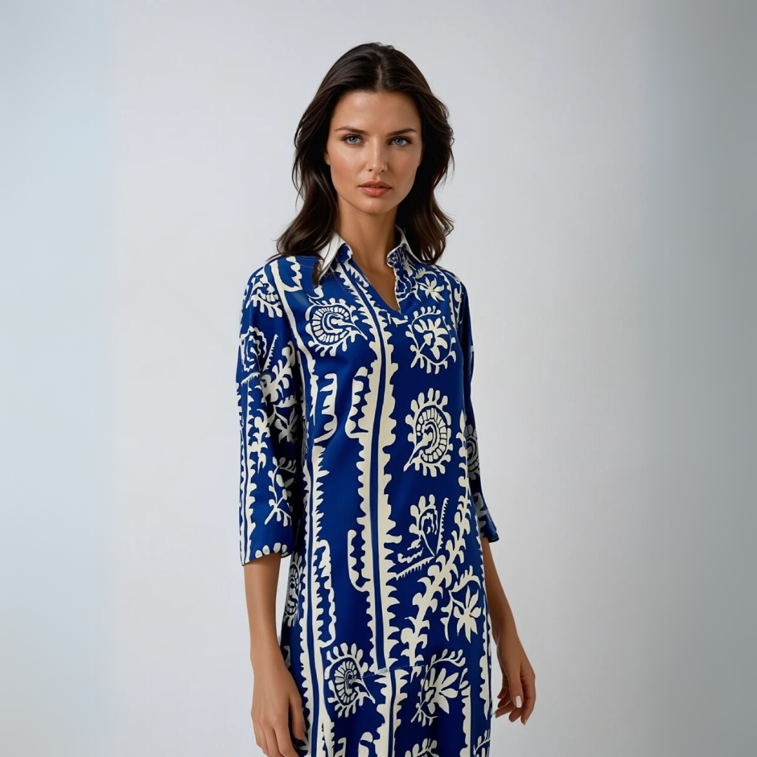 Kvinders Løs Kjole V-Hals Mønstret Polyester Rayon