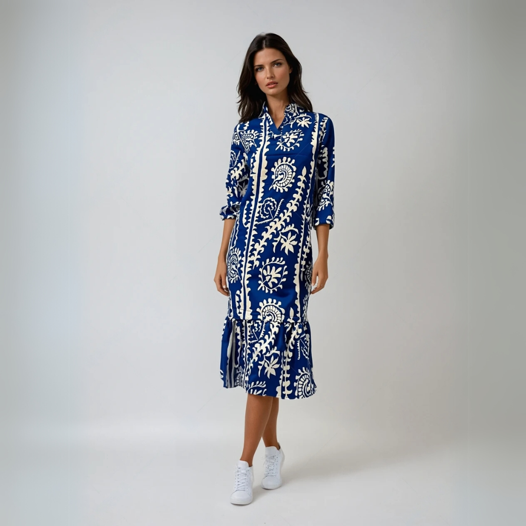 Kvinders Løs Kjole V-Hals Mønstret Polyester Rayon