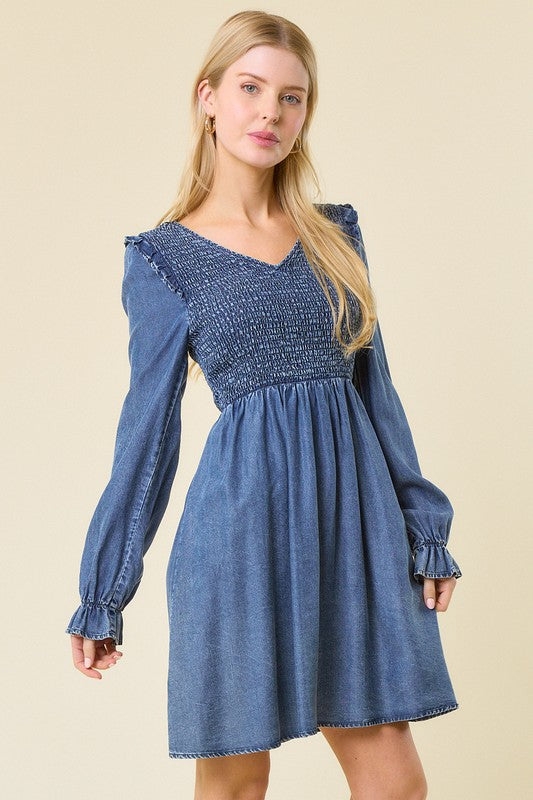 Kvinders Mini Kjole V-Hals Smocked Denim