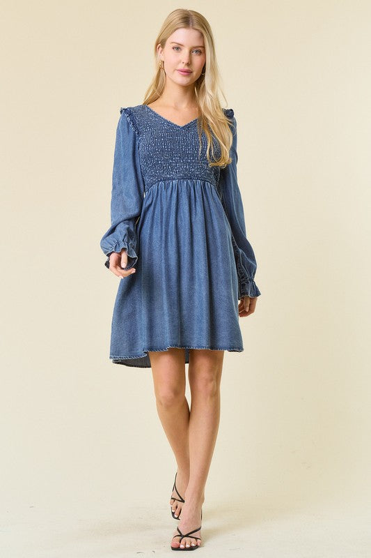 Kvinders Mini Kjole V-Hals Smocked Denim