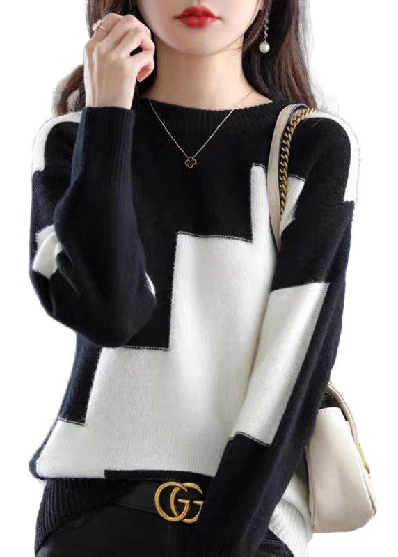 Kvinders O-hals Sweater med Patchwork Design