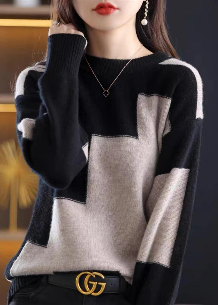 Kvinders O-hals Sweater med Patchwork Design