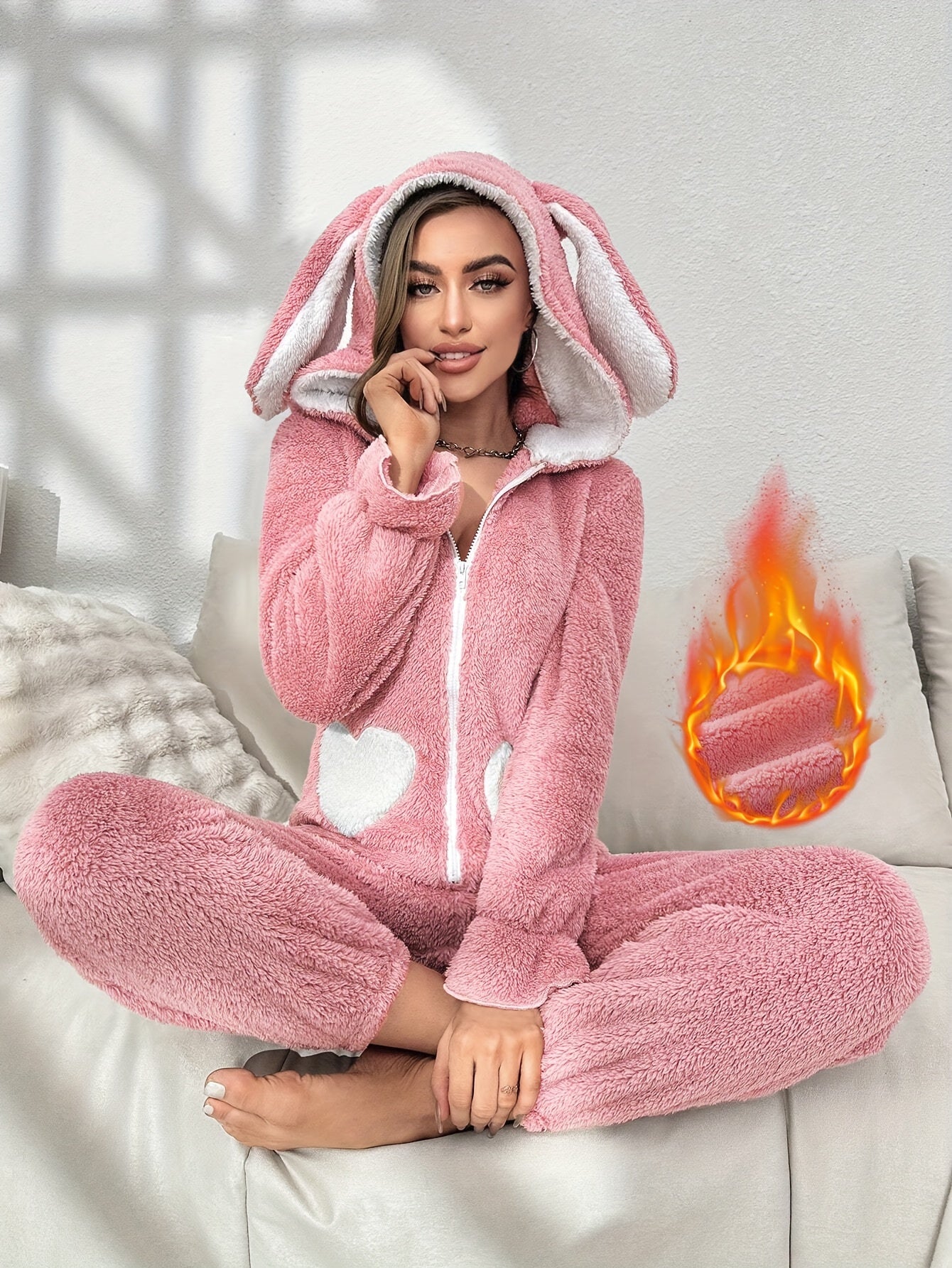 Kvinders Onesie Med Hætte Og Kaninører Komfortabel Langærmet Design