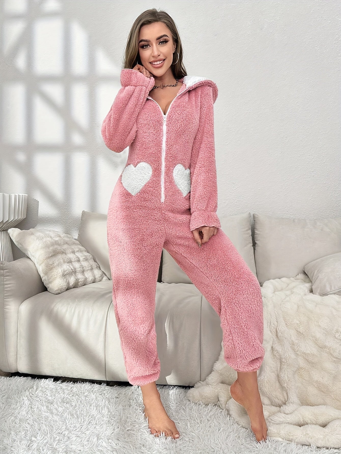 Kvinders Onesie Med Hætte Og Kaninører Komfortabel Langærmet Design