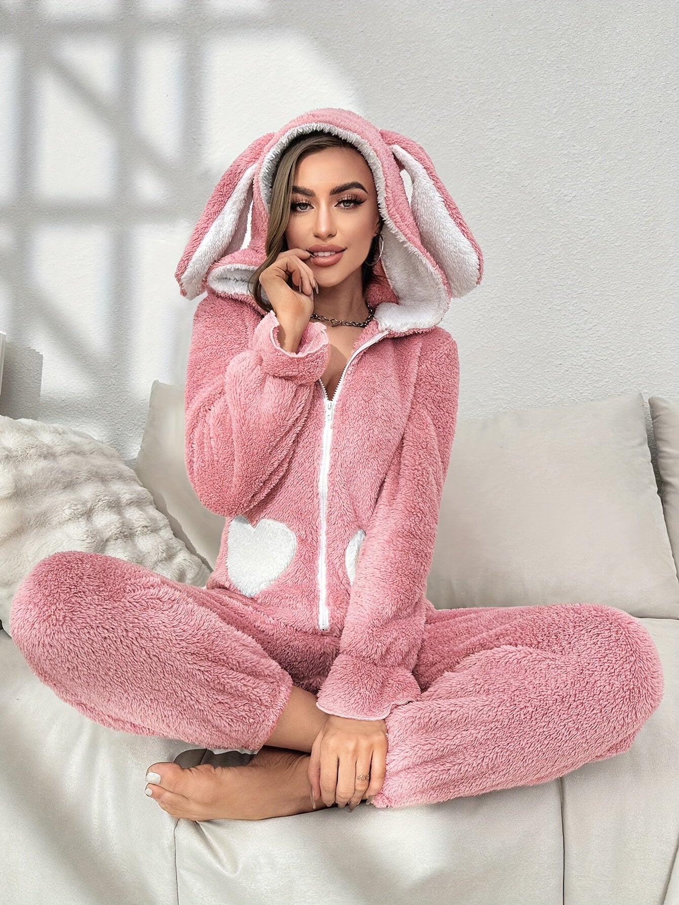 Kvinders Onesie Med Hætte Og Kaninører Komfortabel Langærmet Design