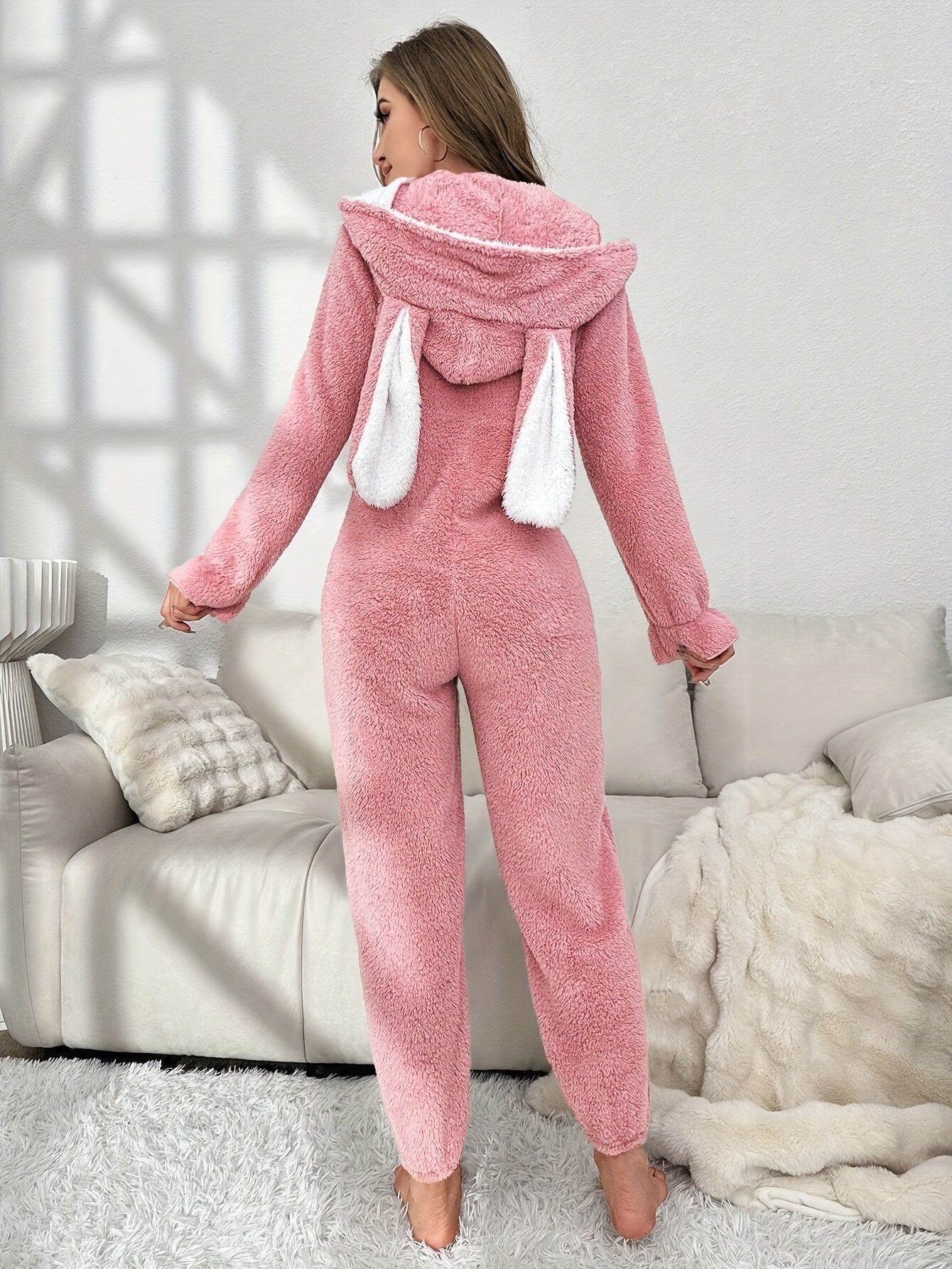 Kvinders Onesie Med Hætte Og Kaninører Komfortabel Langærmet Design