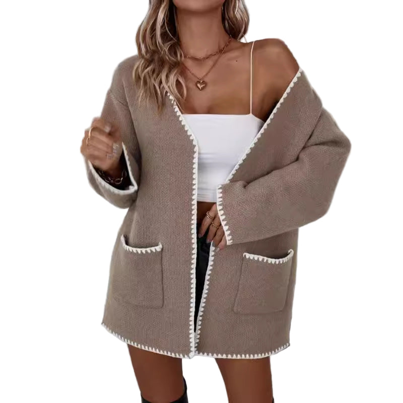 Kvinders Oversized Cardigan med Åben Front og Ribbet Trim