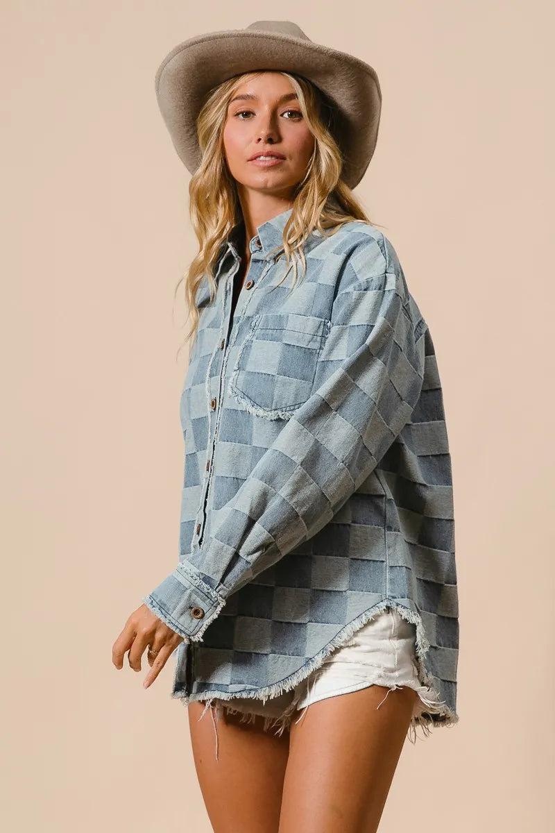 Kvinders Oversized Denim Skjorte Tjekket Bomuld Frayed Kant