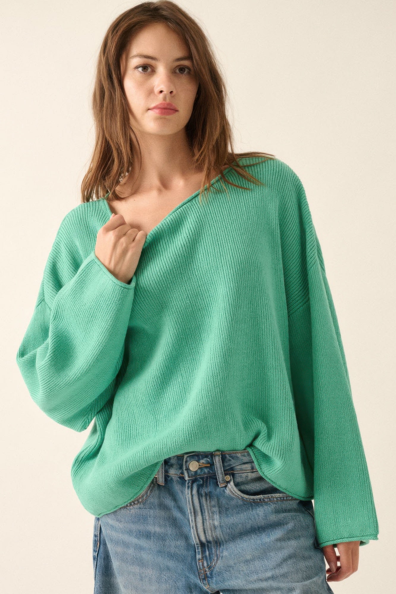 Kvinders Oversized Sweater Bådudskæring Blød Bomuldsblanding