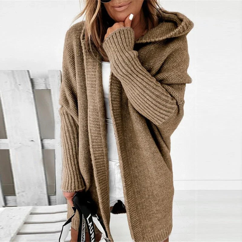 Kvinders Oversized Uld Cardigan med Hætte og Åben Front