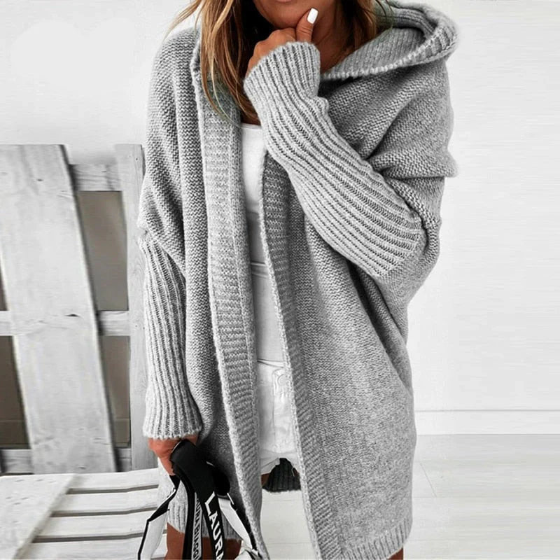 Kvinders Oversized Uld Cardigan med Hætte og Åben Front