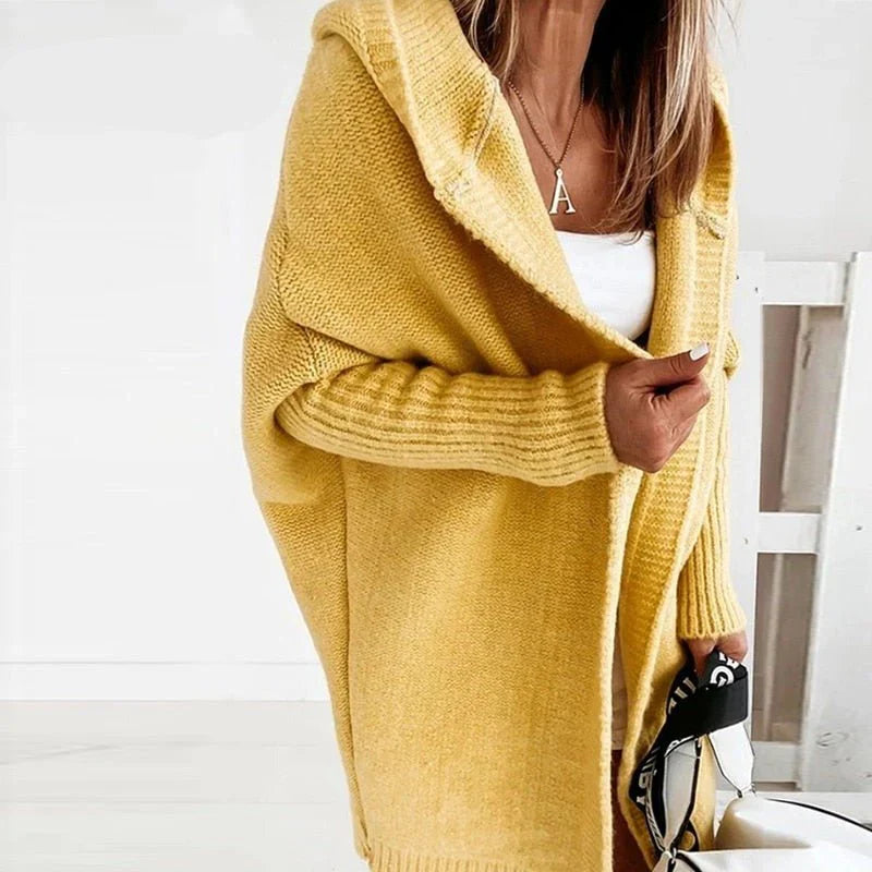 Kvinders Oversized Uld Cardigan med Hætte og Åben Front