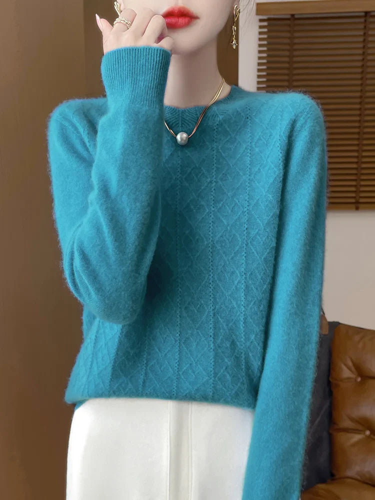 Kvinders Pullover O-Hals Merino Uld Langærmet Komfortabel Strik