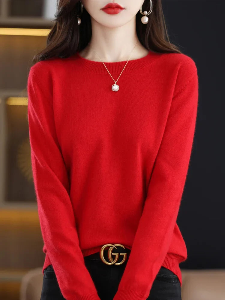 Kvinders Pullover O-Neck Langærmet Merino Uld Sweater