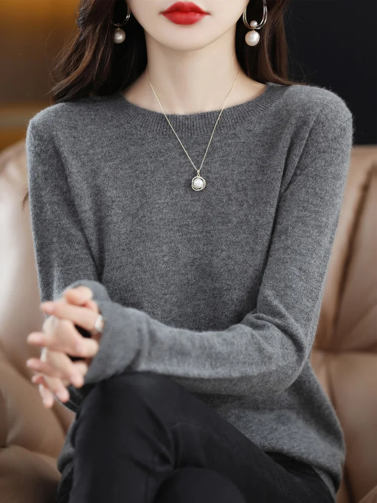Kvinders Pullover O-Neck Langærmet Merino Uld Sweater