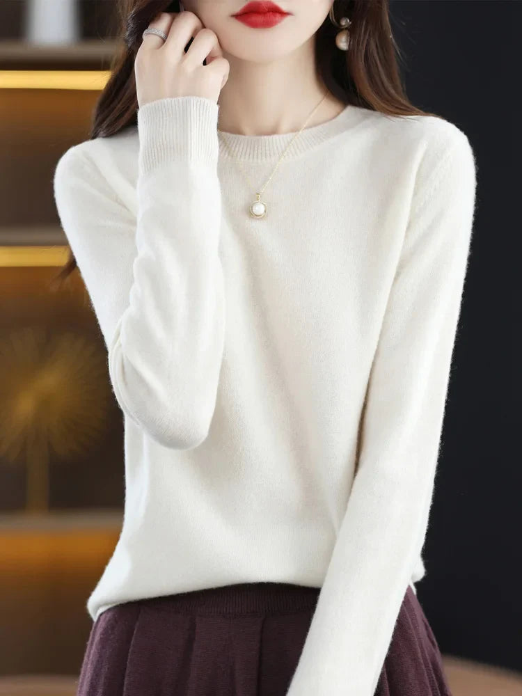 Kvinders Pullover O-Neck Langærmet Merino Uld Sweater