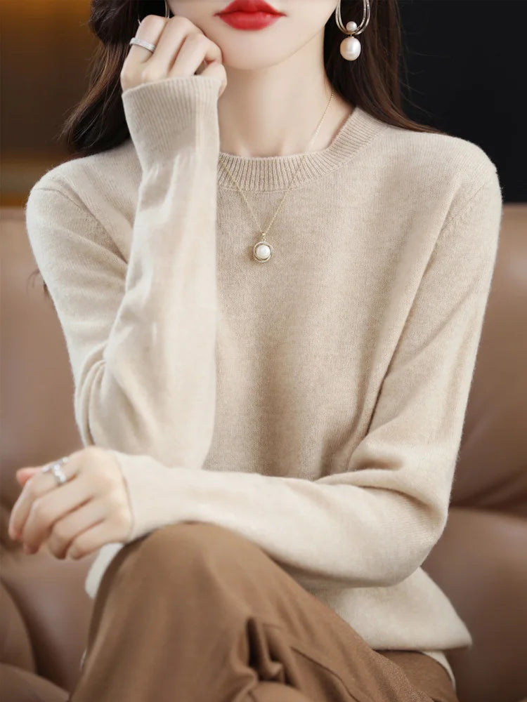 Kvinders Pullover O-Neck Langærmet Merino Uld Sweater