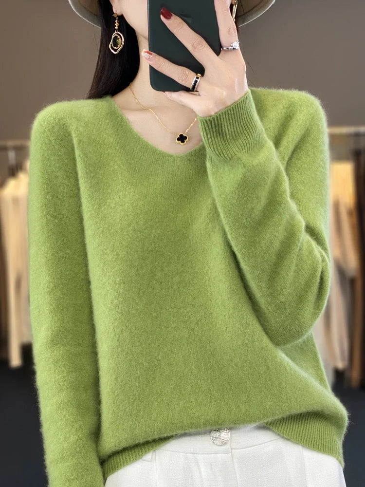 Kvinders Pullover V-Hals Merino Uld