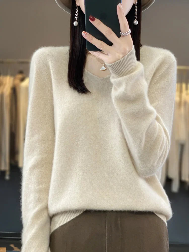 Kvinders Pullover V-Hals Merino Uld