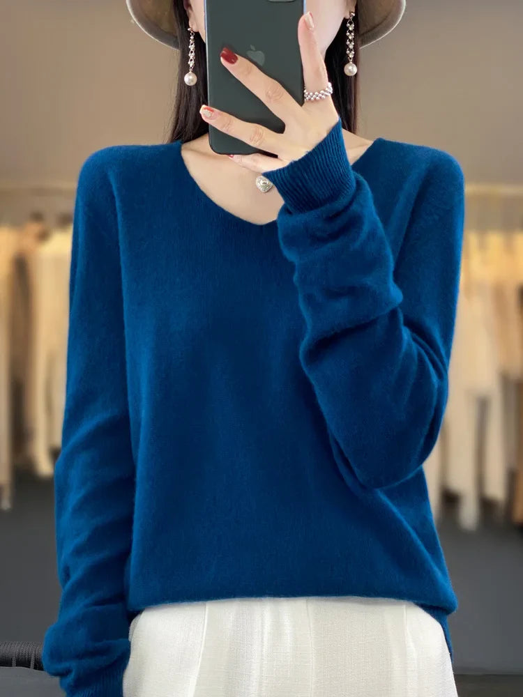 Kvinders Pullover V-Hals Merino Uld