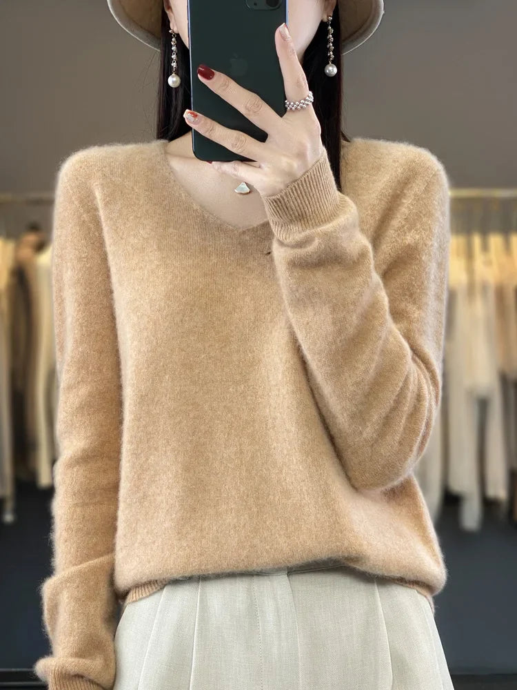 Kvinders Pullover V-Hals Merino Uld