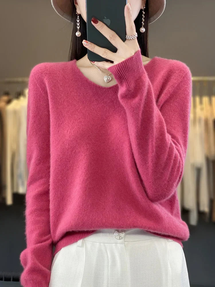 Kvinders Pullover V-Hals Merino Uld