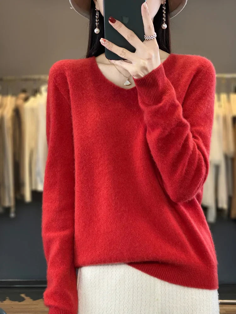 Kvinders Pullover V-Hals Merino Uld