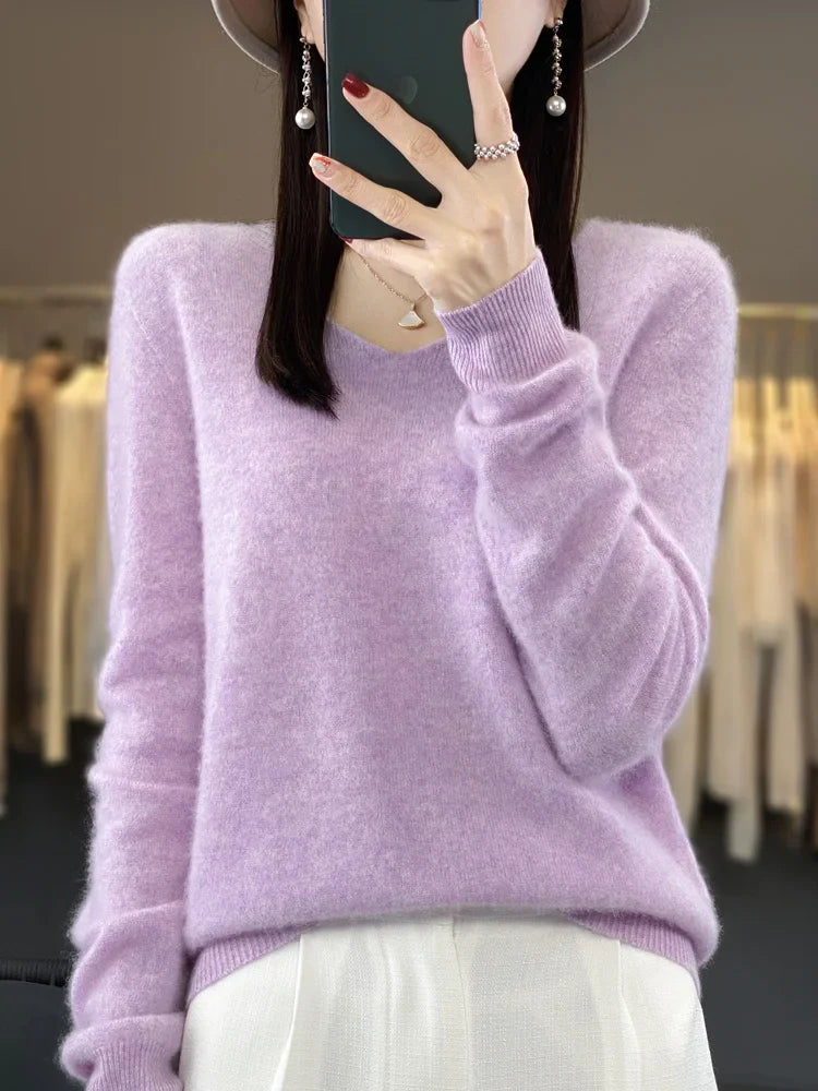 Kvinders Pullover V-Hals Merino Uld
