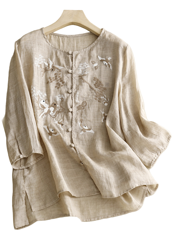 Kvinders Retro Top Rund Hals Linned Blend