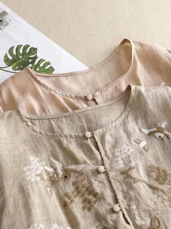 Kvinders Retro Top Rund Hals Linned Blend
