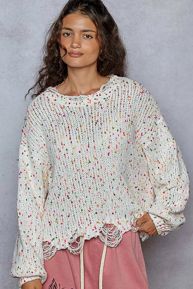 Kvinders Rund Hals Sweater Popcorn Tekstur Med Fransede Detaljer