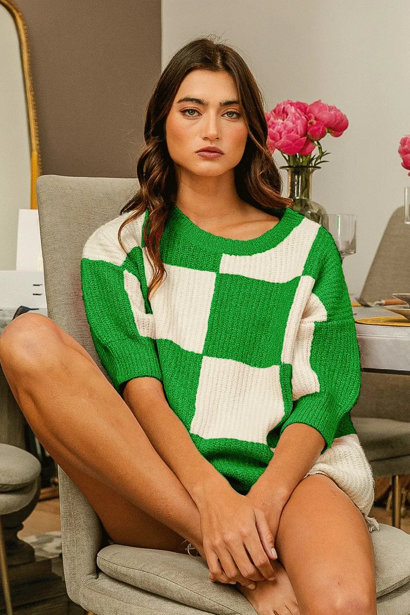 Kvinders Rund Hals Sweater Tjekket Akryl Nylon Spandex