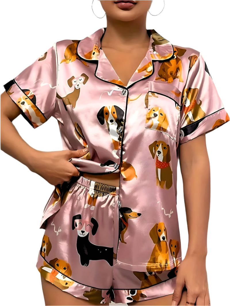 Kvinders Satin Pyjamas Sæt med Knapper
