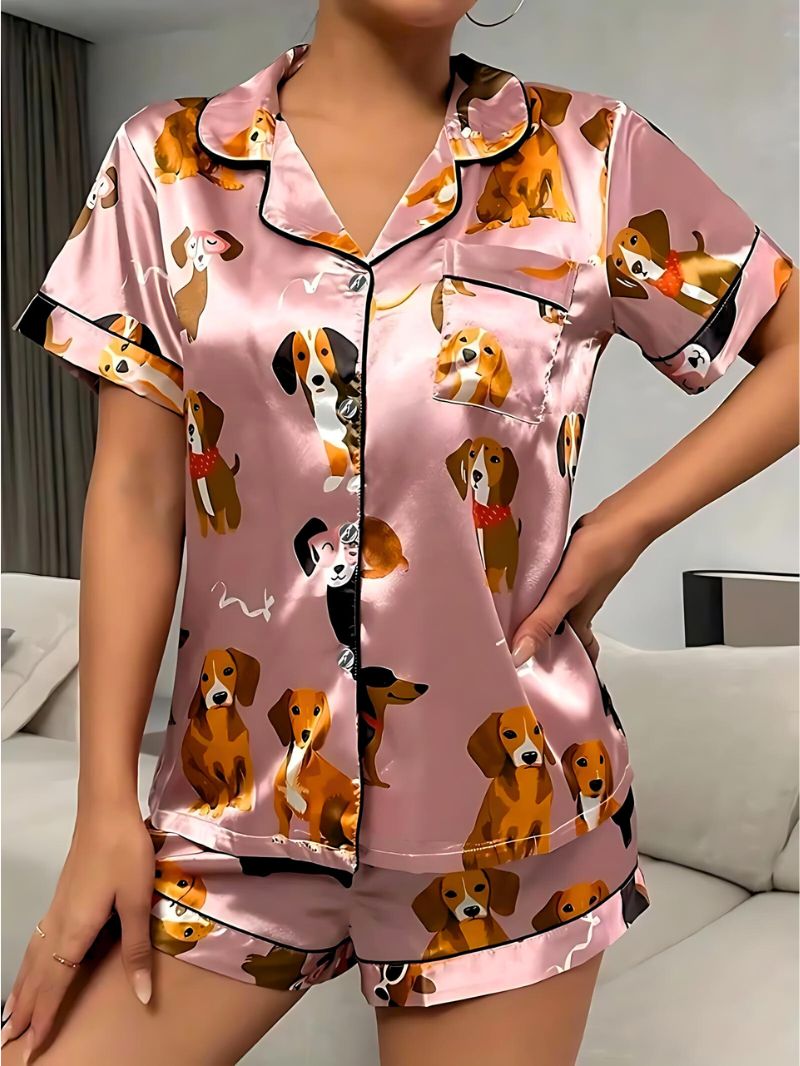 Kvinders Satin Pyjamas Sæt med Knapper