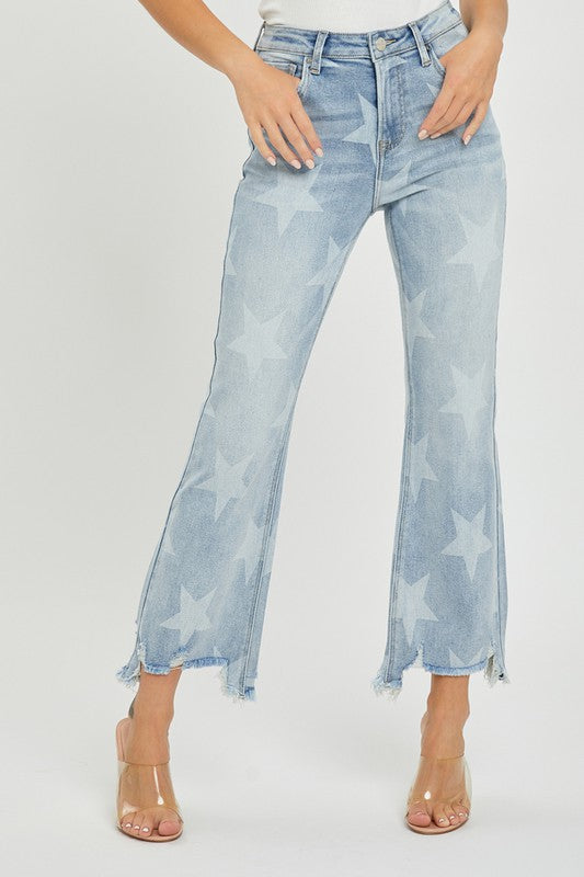 Kvinders Straight Jeans med Høj Talje og Stjerneprint i Lys Denim