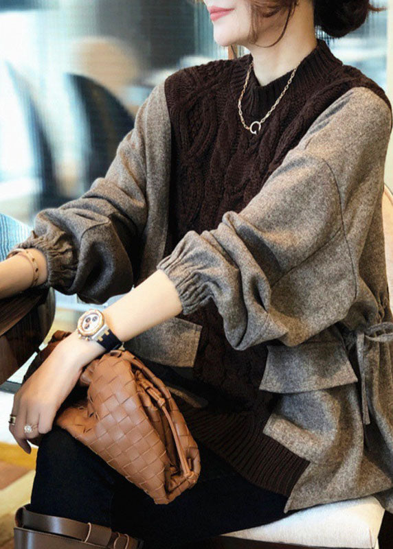 Kvinders Strikket Sweater med Patchwork Lommer