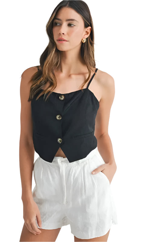 Kvinders Tank Top med Knapper i Linnedmix