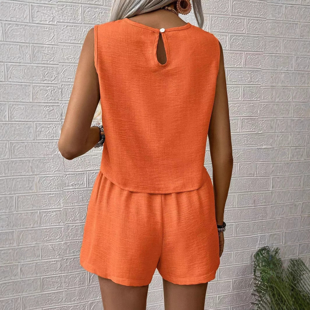 Kvinders To-dels Sæt - Letvægt Vævet - Afslappet Pasform - Cropped Top & Højtaljede Shorts