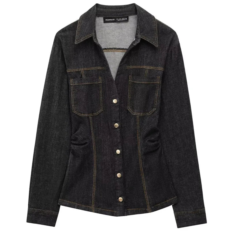 Kvinders To-delt Sæt Denim Langærmet Skjorte og Højtaljede Flared Bukser