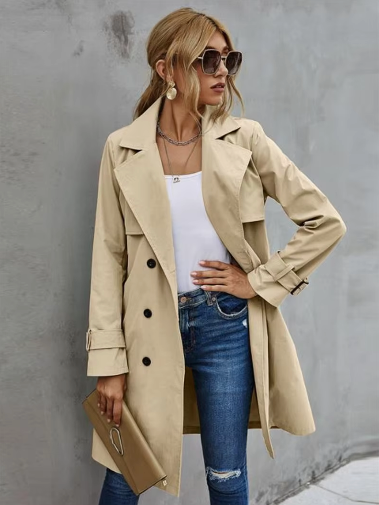 Kvinders Trench Coat Dobbeltknap Design Tidløs Stil