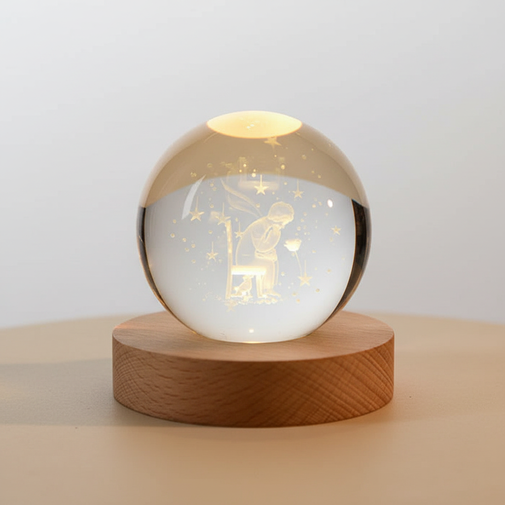 AstroGlobe 3D Lampe – Kugleformet Træbordlampe med Varm LED Lys og Planetdesign