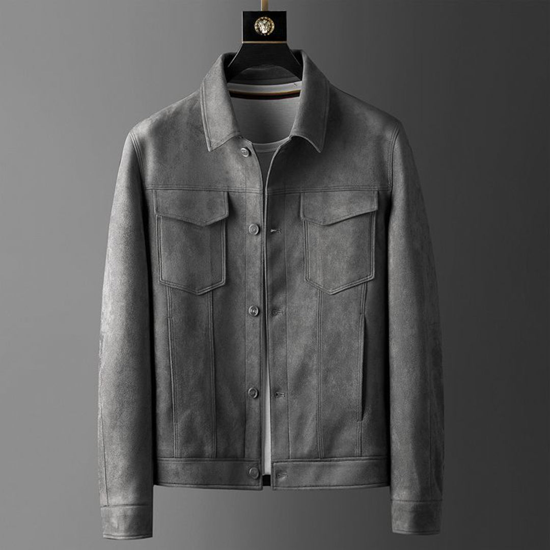 Alaric Herres Suede Jakke – Elegante Knapper, Raffineret Krave & Klassisk Casual Stil